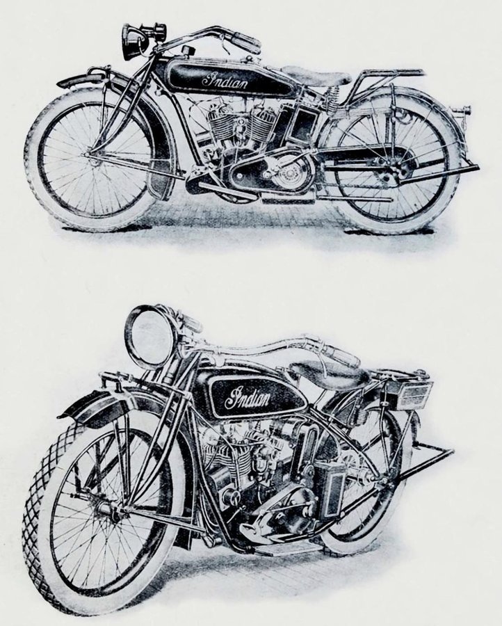 Autentické obrázky prvních modelů značky Indian, Powerplus a Scout, které přivezl dnes už legendární Ing. František Mařík do tehdejšího Československa v roce 1919
