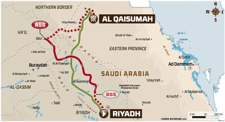 Mapa -Dakar 2021: 5. etapa  - Riyadh - Al Qaisumah