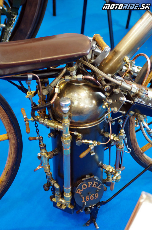Parný kotol - Prvý parný motocykel na svete, Sylvester Howard Roper, 1867-1869 - replika originálu