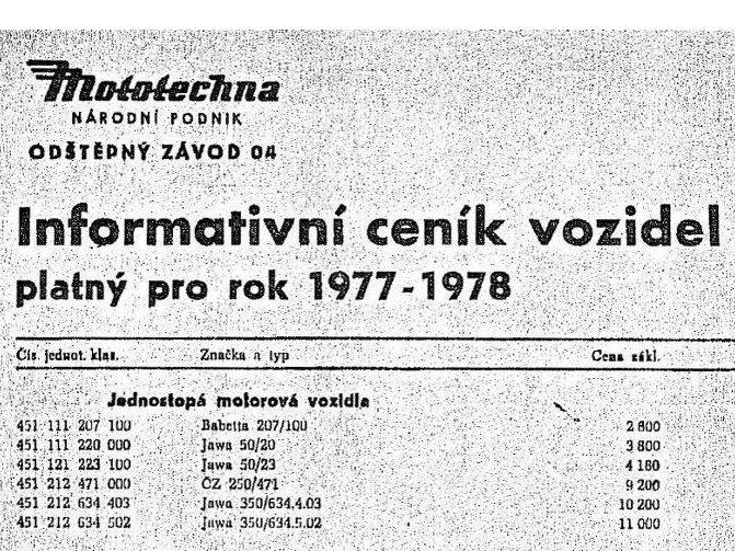 Mototechna - národní podnik - Informativní ceník vozidel platný pro rok 1977-79 - motocykle
