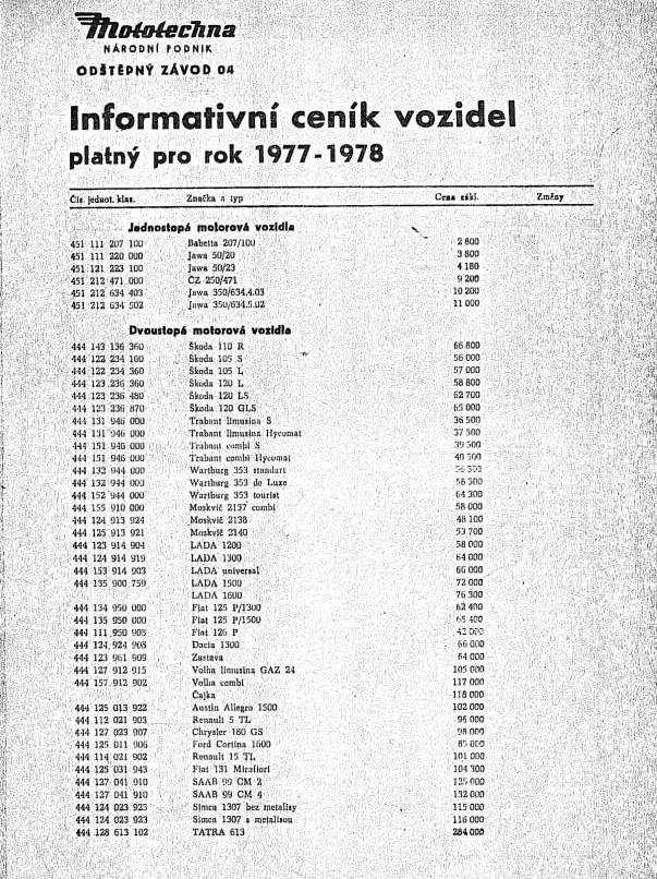 Mototechna - národní podnik - Informativní ceník vozidel platný pro rok 1977-79