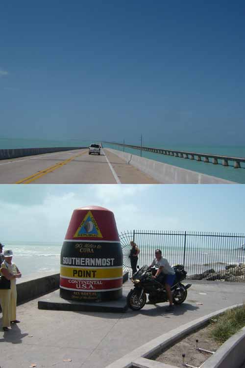  Jeden z najdlhších mostov na Key West meral 7 míľ (hore) Najjužnejší bod Ameriky, 90 míľ (150km) od Kuby (dole)